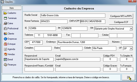 Janela de Cadastro da Empresa