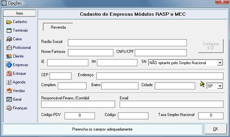 Janela de Cadastro da Empresa