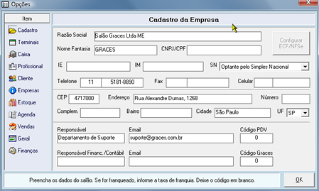 Janela de Cadastro da Empresa