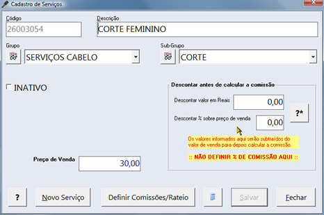 Janela de Cadastro de Serviços